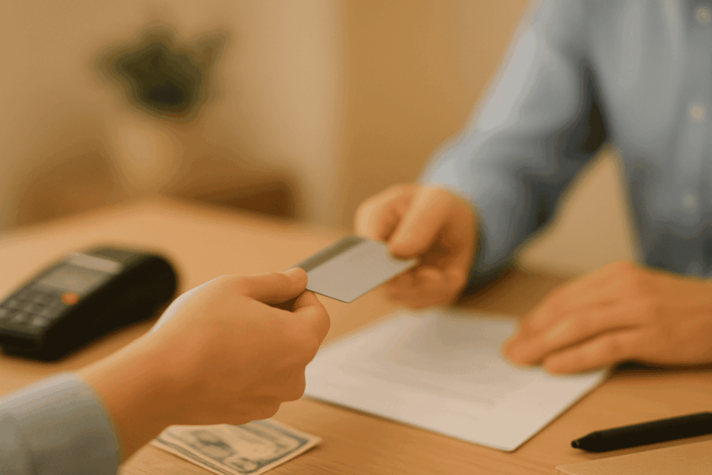 Blurred office scene with two people exchanging a credit card over a desk, showing flexible and affordable payment options at Allied Bail Bonds in Roseville, CA