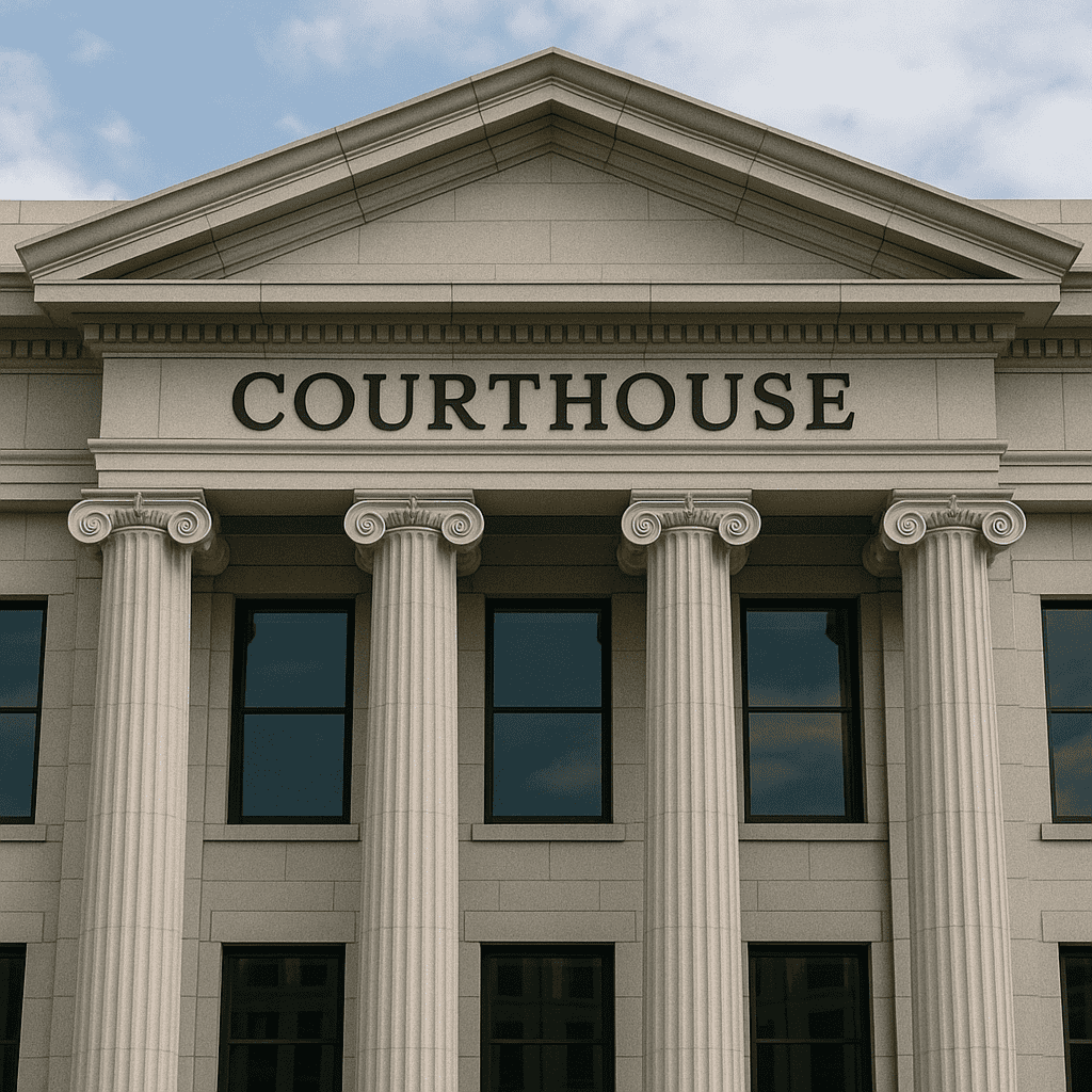 Photo of a modern neoclassical courthouse building with smooth gray stone, large Ionic columns, and "COURTHOUSE" sign under a blue sky with clouds
