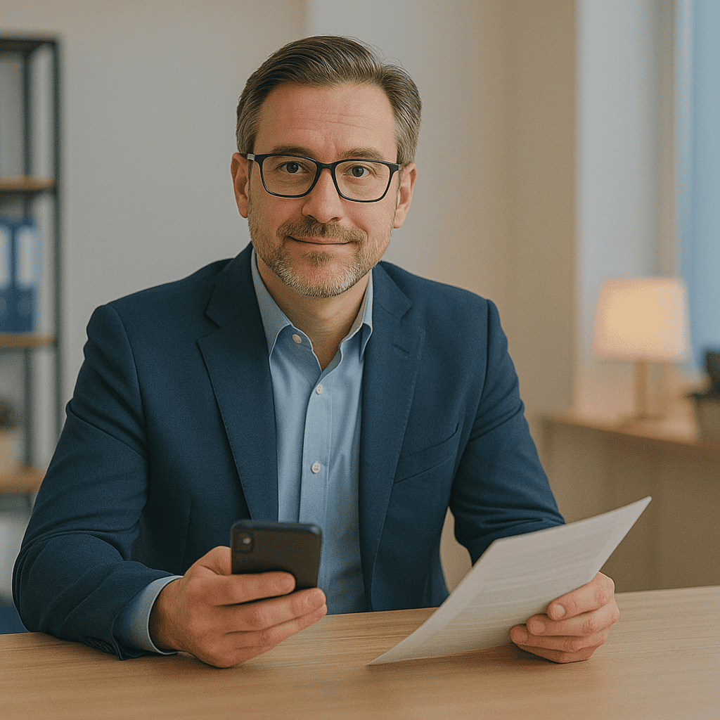 Middle-aged Caucasian bail agent wearing glasses and a navy suit, sitting at a clean, well-lit office desk holding a smartphone and a document, looking calmly and reassuringly towards the viewer, symbolizing trust and support in Roseville, California