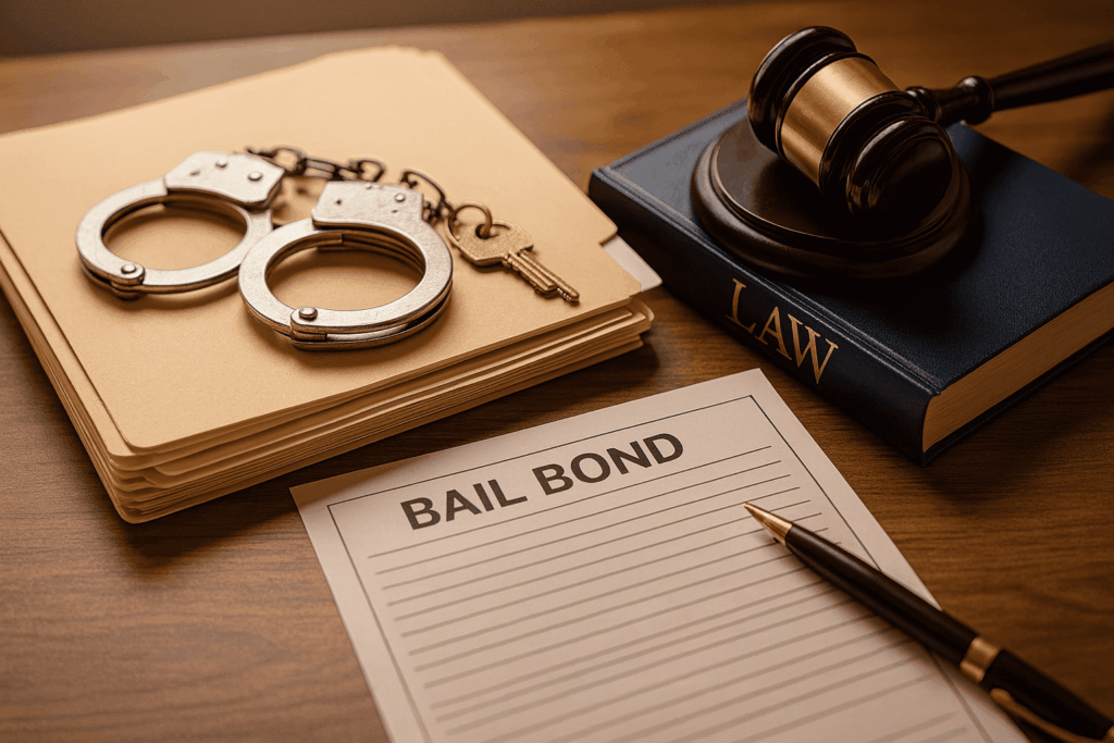 Close-up of a bail bond form on a lawyer’s desk with handcuffs, keys, gavel, and law book, symbolizing the bail process for common charges in Placerville.
