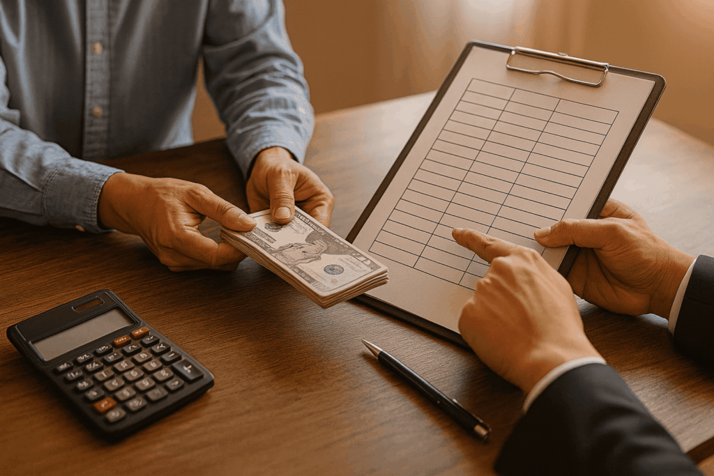 Close-up of a bail bonds agent pointing to a blank payment schedule on a clipboard while a client hands over a small stack of cash, symbolizing flexible payment plans for bail.
